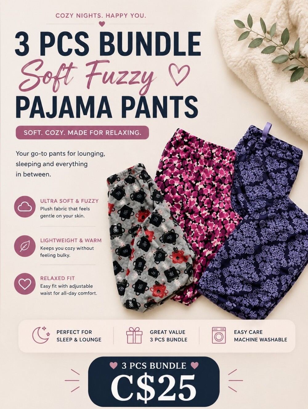 💙3 Pcs Bundle Soft Fuzzy Pajama Pants